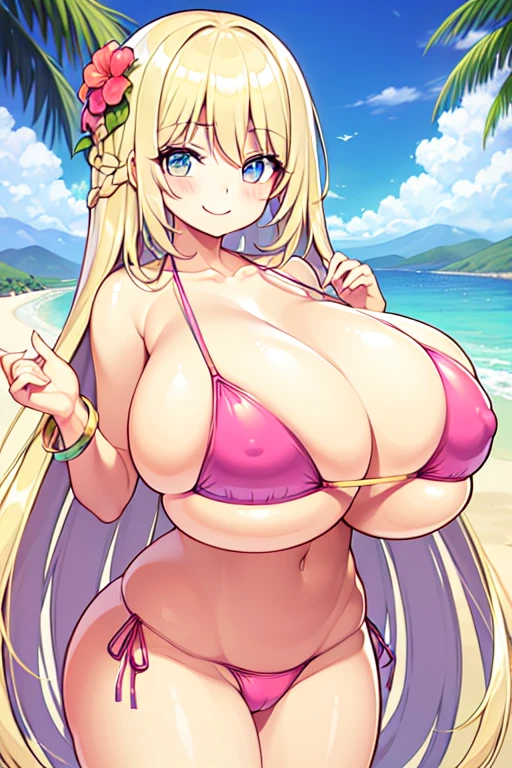 good quality, best quality, highres, absurdres, 8k, 4K, masterpiece, 1girl, White skin, purple multi color eyes, ((huge breasts:1.7)), cleavage, small waist, smile, happy, Wink, Close the square, (gold hair), straight hair, (super long hair:1.5), hair flower ornaments, Pink Micro Bikini, Wearing a bracelet, camel toe, Sandy Beach, coastal,