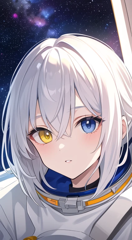 Quality masterpiece:1.5)0.9], (Space and astronauts:1.2) (Disheveled silver hair:1.1) (Heterochromia yellow eyes and blue eyes:1.2) (Space Helmet:1.0) (Colored stars in my eyes:1.0) (Shining Light:1.1) (Big Lips:0.9)