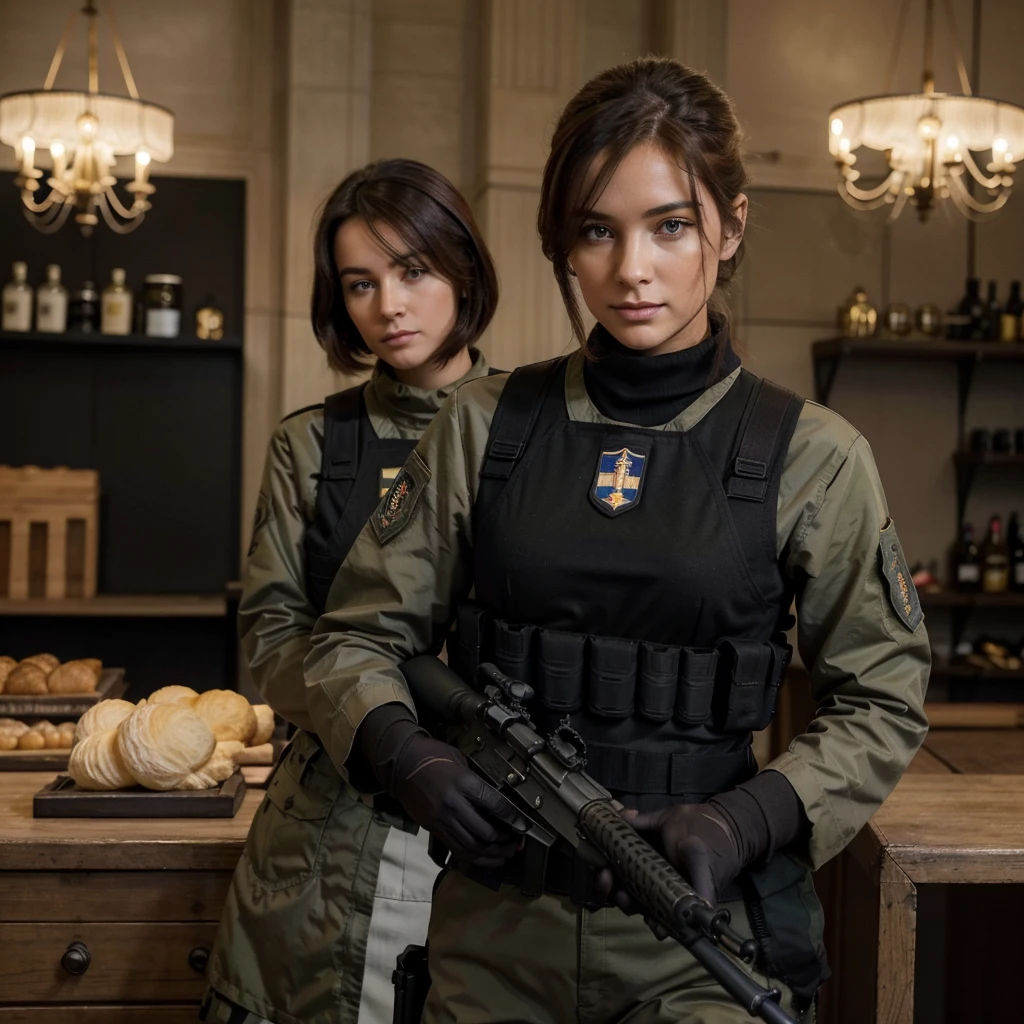 La plus belle femme militaire du monde,avec un magnifique visage très détaillé unique structuré, une magnifique coupe de cheveux de couleur noir,une tenue de militaires avec un gilet par balle, elle tient un fusil d’assaut dans ses mains une ak47