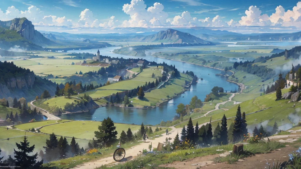 A medieval fantasy road along the river, where horse-drawn carriages and travelers come and go, a vast forest spreads out on the other side of the river, grasslands spread out on the opposite bank, and mountains can be seen in the distance.
