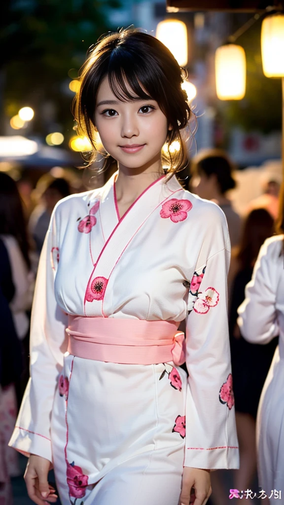 masterpiece, Highest quality,16K, Ultra-high resolution,The light and shadow of reality,((Enjoying a summer night festival in a long-sleeved pink floral yukata)),((The whole body is shown)),((Very skinny)),((Very slim and long beautiful thighs)),((Very slim and long beautiful calves)),((High nose、Small Mouth)),((Clean and slim face line)),((Big dark eyes with long eyelashes)),((Very small face))((Very slim and beautiful arms)),((She is very slim and has a great figure)),((Pure white beautiful skin)),((Cute Japanese Girls)),(Beautiful Eyes:1.1),Reflecting clear eyes and a gentle smile,