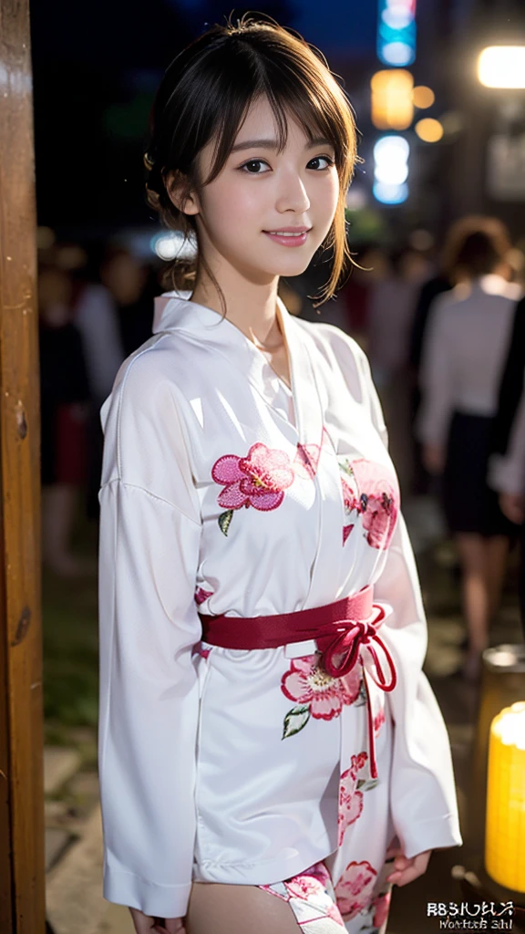 masterpiece, Highest quality,16K, Ultra-high resolution,The light and shadow of reality,((Enjoying a summer night festival in a long-sleeved pink floral yukata)),((The whole body is shown)),((Very skinny)),((Very slim and long beautiful thighs)),((Very slim and long beautiful calves)),((High nose、Small Mouth)),((Clean and slim face line)),((Big dark eyes with long eyelashes)),((Very small face))((Very slim and beautiful arms)),((She is very slim and has a great figure)),((Pure white beautiful skin)),((Cute Japanese Girls)),(Beautiful Eyes:1.1),Reflecting clear eyes and a gentle smile,