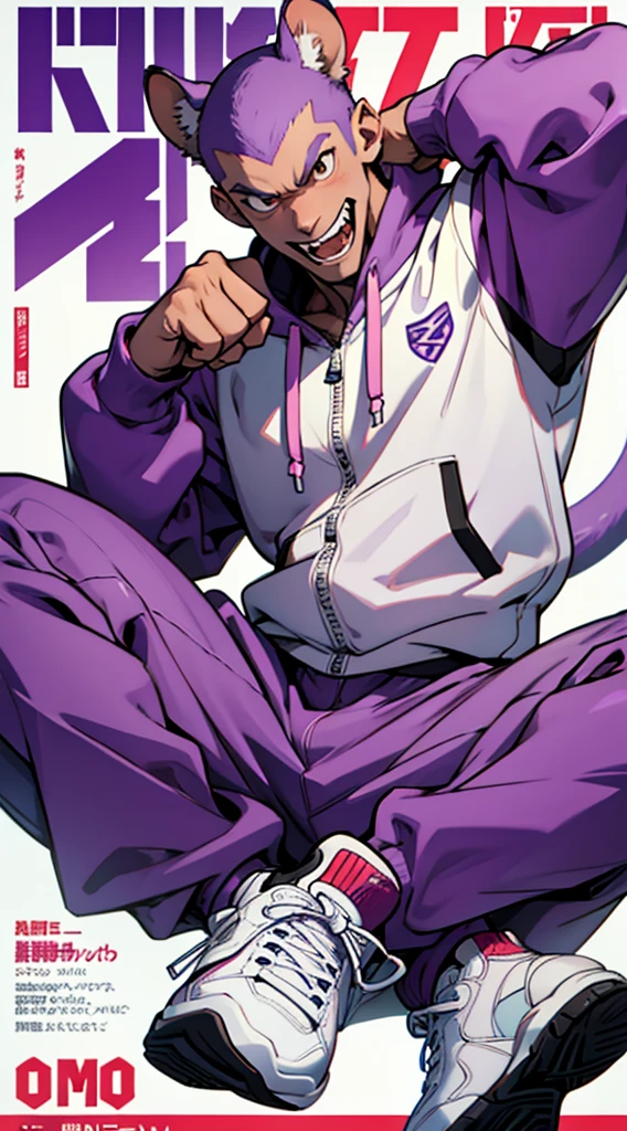 whole body, Magazine Cover, Punching pose, Jump up, A light purple monkey-themed character, サイバーパンク, Wearing big sneakers, skin fang, Simple Background, boy, ショートカット, crazy eyes, tsurime, grin, raised fist, projected inset, UHD, best quality, highres, 8k