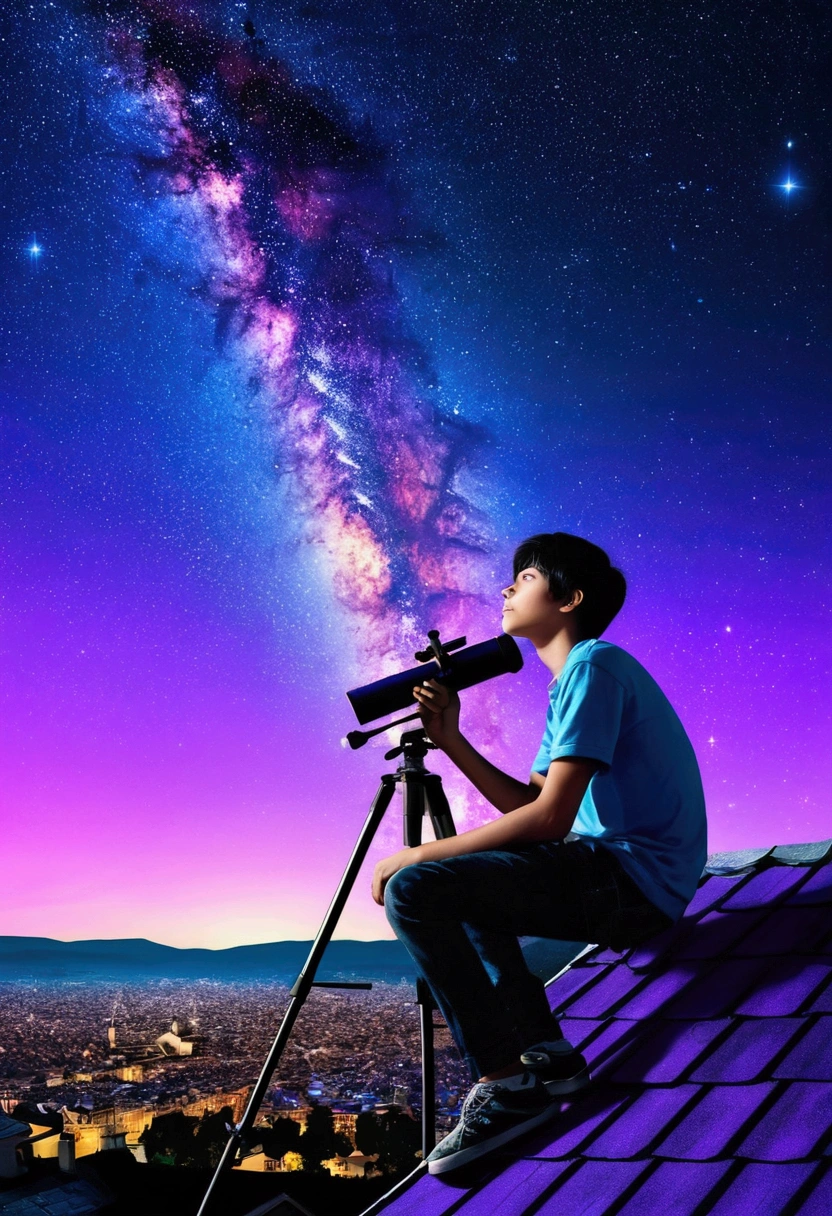 Genrate a masterpiece imagine City landscape below, above dark night sky, [purple, green, blue, pink combined coloured comite falling.] Falling stars, milky way galaxy, a  boy, black hair, blue shiny eyes, white skin, sitting on his house roof observing this night sky with his telescope from below live relaxing with listen music night star city purple illustration 