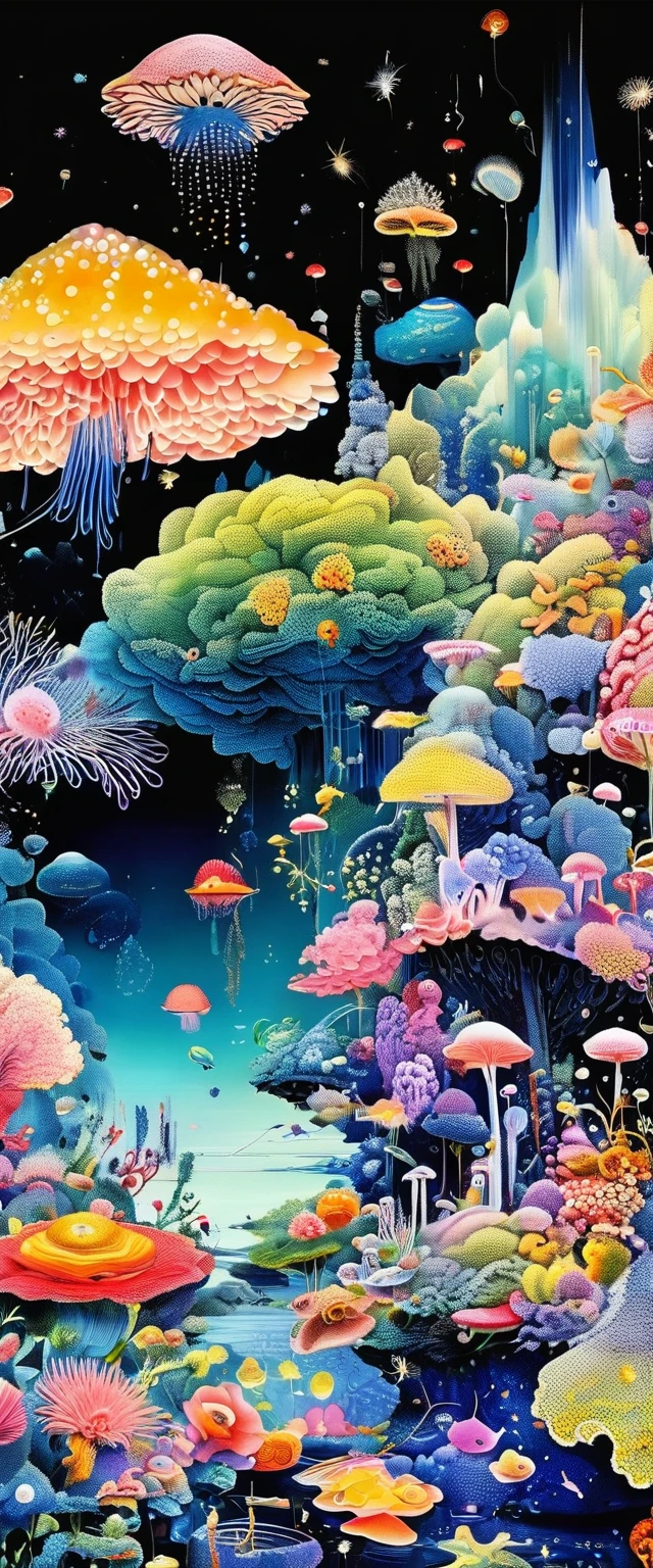 Strong visual fusion of multiple elements,Broto,来自Star的艺术家,house、Eye、Star、cloud、Spore powder、Marine microbes、Soft coral、sea anemone,Describing the inner world of autistic people,密集Pointillism method。Smooth lines。interesting,Strange illustration。Pointillism method。Strong contrast。Award-winning works。