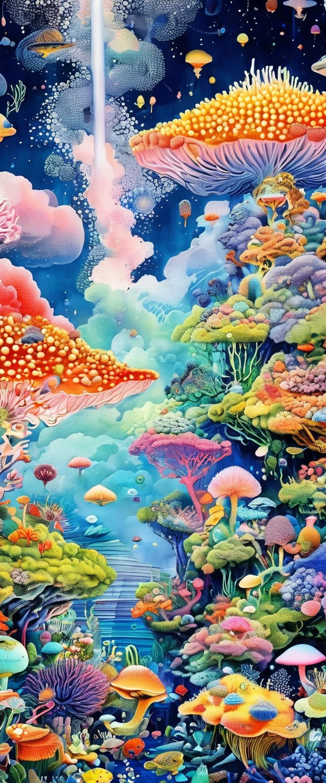 Strong visual fusion of multiple elements，Broto，来自Star的艺术家，house、Eye、Star、cloud、Spore powder、Marine microbes、Soft coral、sea anemone，Describing the inner world of autistic people，密集Pointillism method。Smooth lines。interesting，Strange illustration。Pointillism method。Strong contrast。Award-winning works。