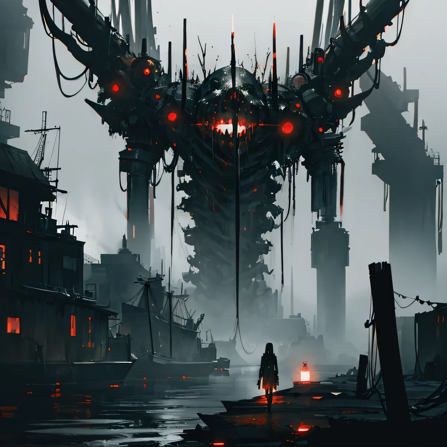 ((dark biopunk horror)), gloomy biopunk harbor, pale thick fog, dark black water, massive biopunk pier, dark biopunk docks, cold lighting, cold lights, dark art, highly detailed, extremely detailed, highly detailed background, masterpiece