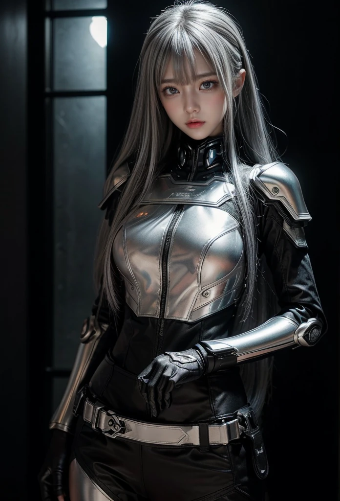 cyber angel,machine wing,{{Sci-Fi Armor}},cyber suit,cyberpunk,science fiction,cyber battle armor,Battledress,Military Uniforms,pants,black military uniform,whole body,Height: 168cm,almond shape eyes,{{{{{silver eyes}}}}},{{{{{dull bangs}}}}},(slanted eyes},{{whole body},{{{1 girl}}}, long hair, straight hair,{{{{silver hair}}}},{{{tsurime}}},30 years old,{Medium chest},{{bush}},silver eyes,{{{masterpiece}}}, {{{highest quality}}}, {{Super detailed}}, {shape}, {{very delicate and beautiful}},very detailed,detailed perfect,detailed hyper,Abundant thighs,big ass,black clothes
