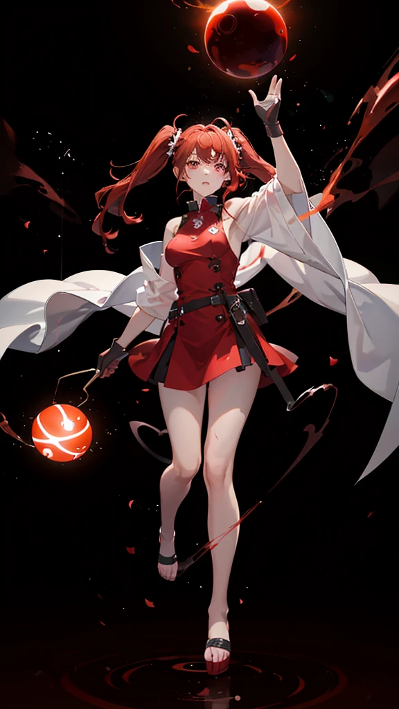 18 years old, red hair, pig tails hair, red eyes, in a full body robe with leggings, masterpiece, high quality, glowing energy ball in right hand, shoulders exposed, gloves, ready to fight pose, 4k, magician, glow effect, red energy intertwined in an atmospheric beauty, crazy glow effect, cinematic atmosphere 