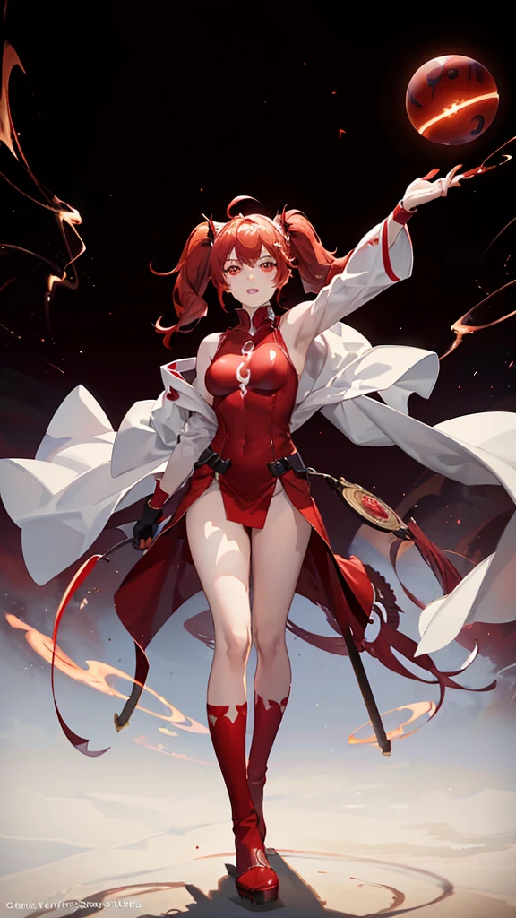 18 years old, red hair, pig tails hair, red eyes, in a full body robe with leggings, masterpiece, high quality, glowing energy ball in right hand, shoulders exposed, gloves, ready to fight pose, 4k, magician, glow effect, red energy intertwined in an atmospheric beauty, crazy glow effect, cinematic atmosphere 