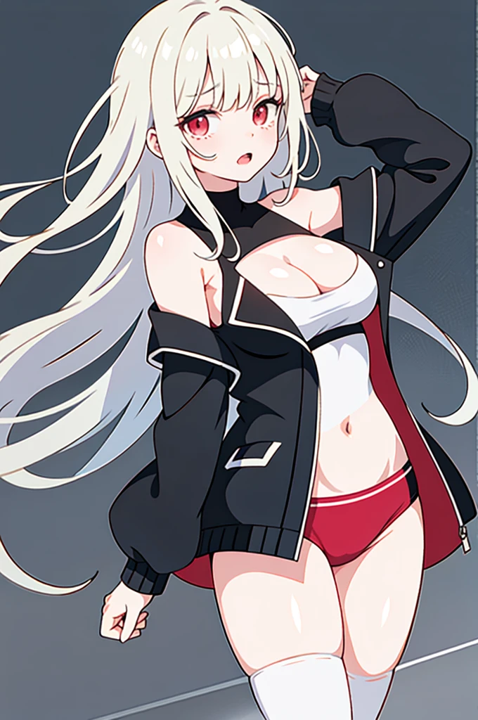 (masterpiece, top quality, best quality), european, 1girl, :o, armpits, bangs, bare shoulders, black jacket, blush, breasts, cleavage, cowboy shot, jacket, large breasts, long hair, looking at viewer, navel, off shoulder, open clothes, open jacket, open mouth, red eyes, solo, sports bra, sweat, thighs, very long hair, white legwear
