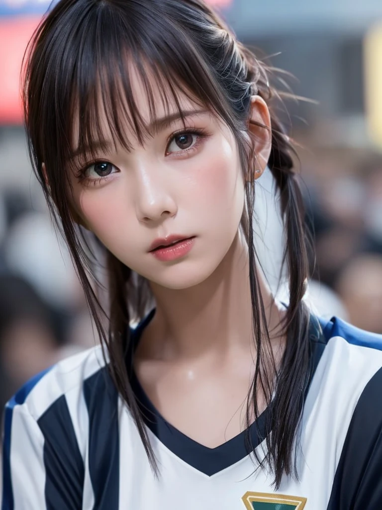 (Highest quality、8k、32K、masterpiece)、(Realistic)、(Realistic:1.2)、(High resolution)、Very detailed、Very beautiful face and eyes、(((Women's solo shots)))、Frame In、Tight waist、(Highest quality、Attention to detail、Rich skin detail)、(Highest quality、8k、Oil paints:1.2)、(Realistic、Realistic:1.37)、Bright colors、(((Bust Shot)))、(((Bob Hair)))、(((Serious expression)))、(((Black Hair)))、(((Soccer uniforms)))、(((ブルーのSoccer uniforms)))、(((Football Stadium)))、(((Enthusiastic audience)))、(((Uniform without lines)))、Short sleeve uniform、There are no lines on the sleeves、