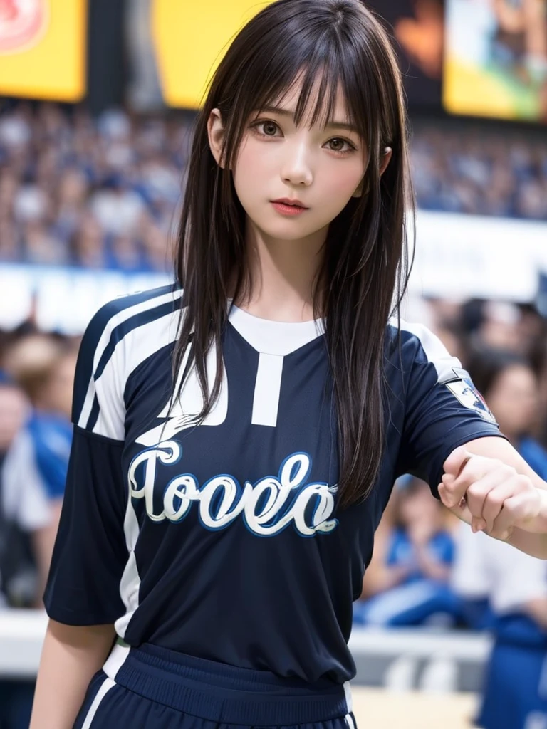 (Highest quality、8k、32K、masterpiece)、(Realistic)、(Realistic:1.2)、(High resolution)、Very detailed、Very beautiful face and eyes、(((Women's solo shots)))、Frame In、Tight waist、(Highest quality、Attention to detail、Rich skin detail)、(Highest quality、8k、Oil paints:1.2)、(Realistic、Realistic:1.37)、Bright colors、(((Bust Shot)))、(((Bob Hair)))、(((Serious expression)))、(((Black Hair)))、(((Soccer uniforms)))、(((ブルーのSoccer uniforms)))、(((Football Stadium)))、(((Enthusiastic audience)))、(((Uniform without lines)))、Short sleeve uniform、There are no lines on the sleeves、