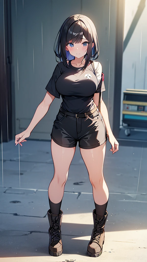 Full body image, front, One girl, 18-year-old, Mix 4, (32K, RAW Photos, Highest quality, masterpiece:1.2), (Anime-like, photoAnime-like:1.37), cute, カジュアルウエア, Short sleeve T-shirt,Shorts,Black knee socks, night, rain, Humidity, Professional Lighting, Photon Mapping, Radio City, Physically Based Rendering, Super Resolution, (Big Breasts:1.2), {{The biological weapon that had preyed on the younger sister took her place and reunited with the older brother, The rebellious little sister has become the obedient little sister}}, Girl Skull, whole body, NSFW