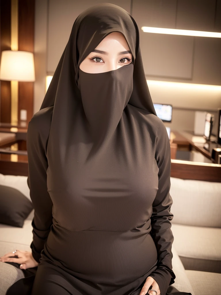 4k, high quality, nice lighting, soft lighting, realistic, dark eyes, sexy, big breasts, thighs, wide hips, arabic dress, Jewelry, sexy lady, asian, hijab, niqab, sexy pose, showing big thighs, nice body, natural largest breast, wearing rings for woman, office girl, sexy posing,