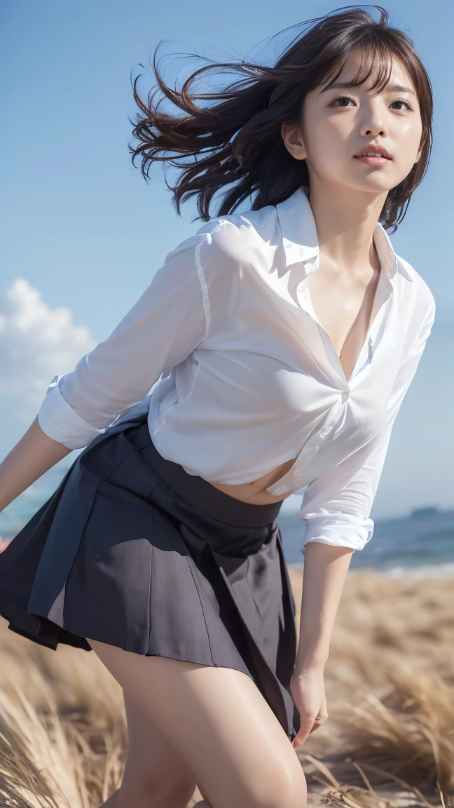 (((Low angle shooting、Looking into the camera:1.22,Leaning forward、Open shirt、No underwear)))、(((8k、Highest quality、masterpiece、Ultra-high resolution)))、(Realistic:1.4)、RAW Photos、(Realistic skin texture:1.3)、(Film Grain:1.3)、((Are standing、Skirt flutters in strong winds、Under the skirt、Do not bend your legs、Don'Don'don't bend your knees、Spread your thighs、Beachside、))、One Girl、Beautiful and detailed eyes and face、masterpiece、Highest quality、close、thin、Japanese Uniform、dynamic、barefoot、Various poses、