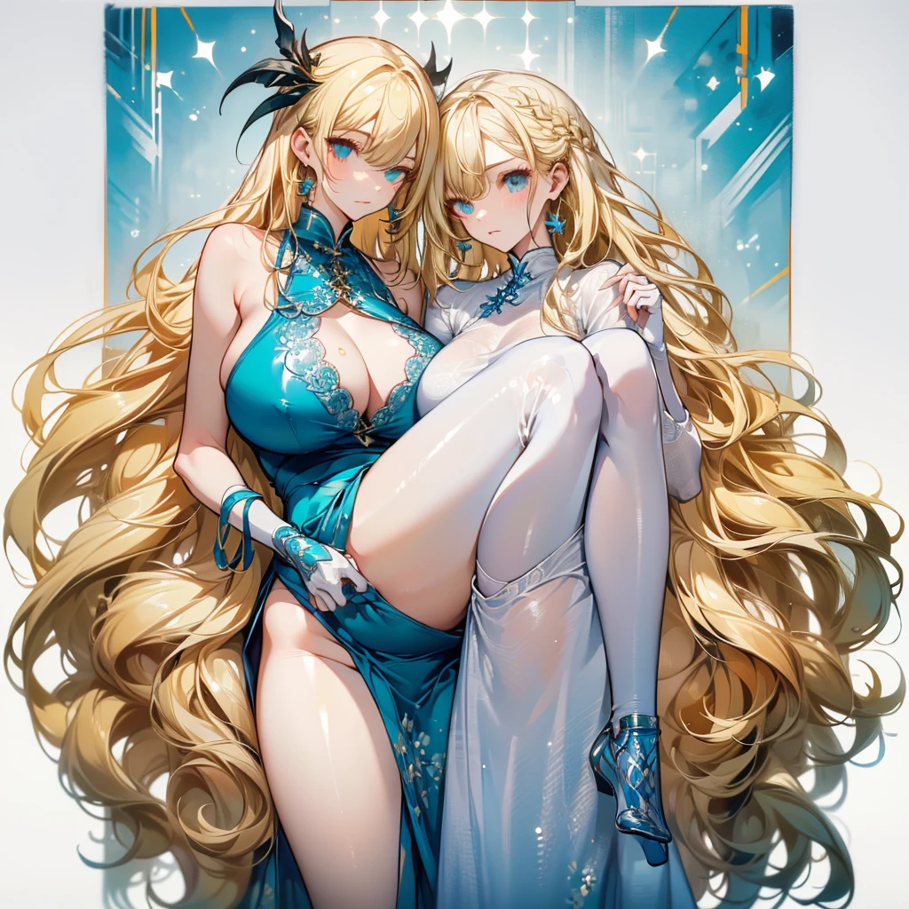 ((masterpiece, best quality)), Delicate face,Snake Woman,Full body painting,Perfect body proportions,Long legs,((Long wavy hair)), ((Half of her hair is blonde,The other half is cyan,Available in two colors)),beautiful eyes,Fantasy style,White background,transparent,cheongsam,Lace
