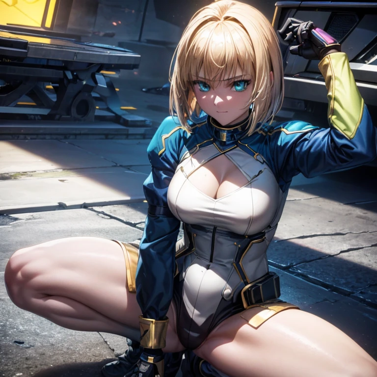 ((Highest quality)), ((masterpiece)), (detailed:1.4), 3d, Perfect Anatomy, detailedな筋肉のリアルなmasterpieceを持つカメラを見ている美しいサイバネティックガール, Beautiful cyberpunk woman image,High resolution (High Dynamic Range),Ray Tracing,NVIDIA,Super Resolution,Unreal 5,Scattered beneath the surface,PBR Texturing,Post-processing,Anisotropic Filtering,Depth of written boundary,Maximum clarity and sharpness,Multilayer Texture,Albedo and Specular Maps,Surface Shading,Accurate simulation of light-matter interactions,Perfect Proportions,Octane Rendering,Two-tone lighting,wide aperture,Low ISO,White balance,Three-part method,8K RAW, Stretch your legs, Gold Parts, fringe, Short-haired, coastal,(A faint smile),(From above),(Spread your legs:1.3),masterpiece,8k,Silicone Skin,