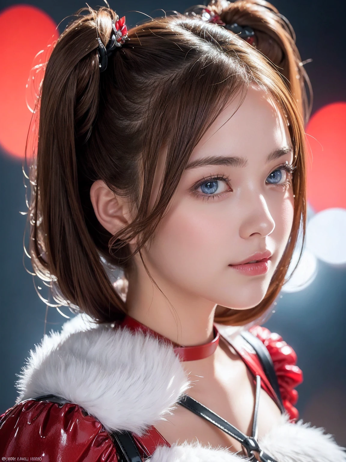 A stunning portrait of Anna Dittman-like beauty, dressed in a fitted red and white dress with fur trim, wide sleeves, and gloves, set against a darker bokeh background. Her long ash-brown hair cascades down her back as she gazes directly at the viewer with a captivating smile (1, 4). Her realistic violet eyes sparkle with intrigue. The focus is sharp, highlighting the intricate details of her outfit, from the delicate patterns to the subtle texture of the fur trim. A stunning example of hyper-detailed close-up photography.bondage,bdsm harness, red harness (masterpiece,best quality),(extremely detailed),(bright studio lighting),(sharp focus),picture perfect face,(perfect eyes),(beautiful face,sexy,erotic,beautiful detailed eyes,pubic hair,twintail latex beautiful photo, drips cum from pussy,blue latex puffy