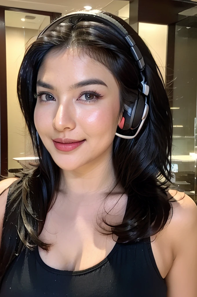 siva,siva aprilia,1girl,solo,realistic,8k,highres,(perfect face:2),perfect eyes,perfect body,ultra detailed face,looking at viewer,large breasts,massive ,cleavage,smiling,closed mouth,lingerie,dj,bar,nightclub,headset,neon light,party,tanktop,standing poses seductive
