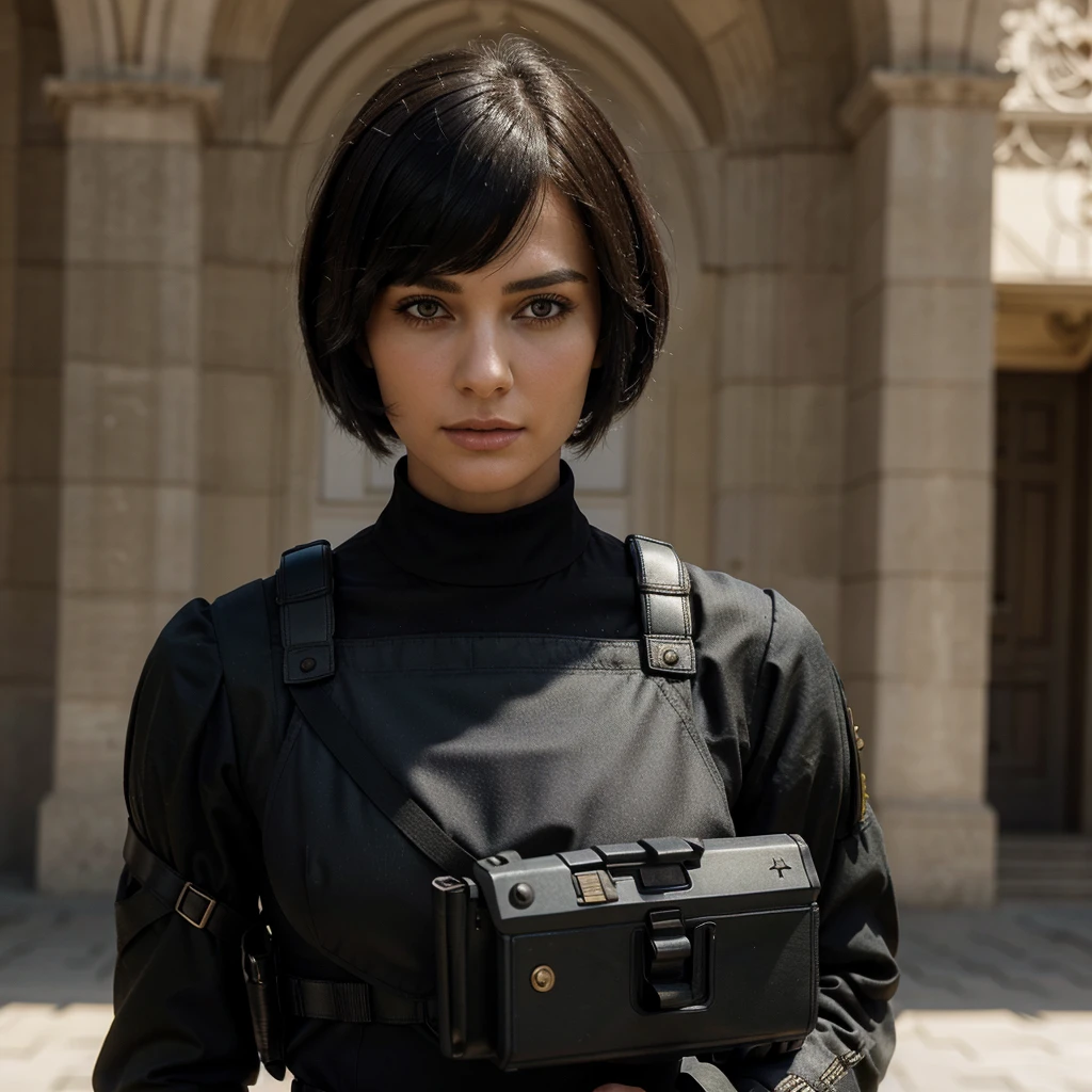 The most beautiful European military woman in the world,with a beautiful highly detailed unique structured face, a magnificent black haircut,a military outfit with a bulletproof vest, she is holding a glock 19 in her hands