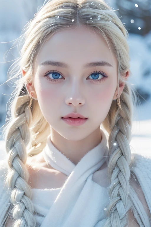 (practical:1.2), Analogue photography style, Scandinavian female warrior, Amazing snow scene, Gold braids, whole body, Soft natural light, Cute and sexy, joy, Delicate face and blue eyes, Good quality, masterpiece, Detailed North Background, quality: 16K, Original photo