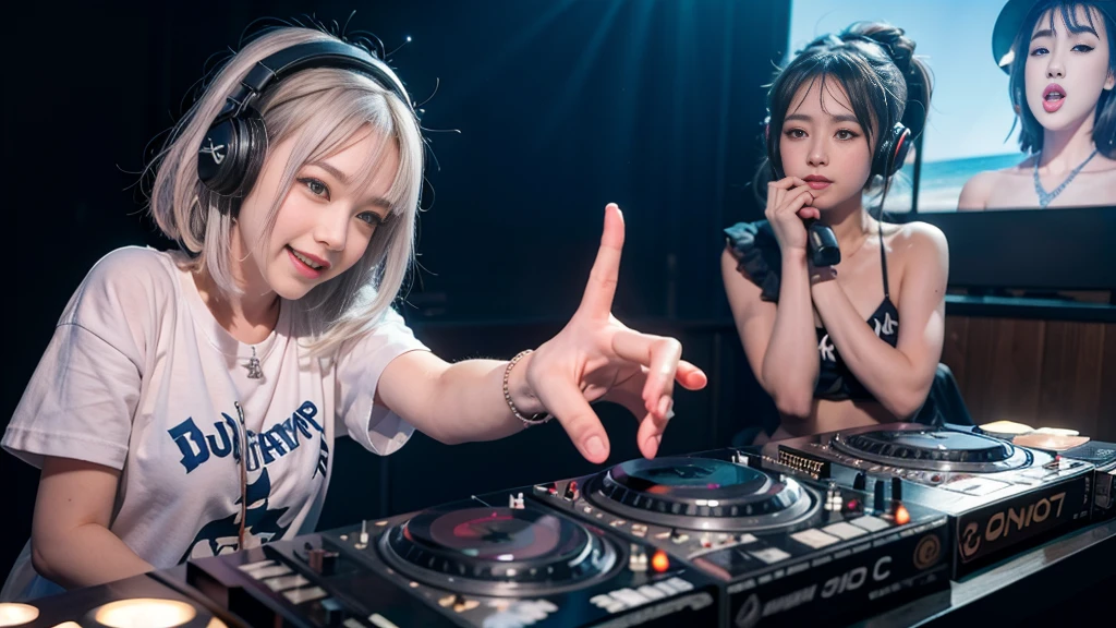 (ultra - detailed, 16K resolution, Cinema lenses, rendering by octane), (high resolution:1.18), intricate detail, (masterpiece:1.1), (highest quality:1.1), (1girl, portrait, white hair, blue eyes, short hair, detailed eyes),Wearing silver DJ headphones, sequined T-shirt, (in the beach:1.5), (Iconic hip-hop pop costumes:1.3), Smile while DJing on stage, DJ studio next to the beach, ((A stylish DJ stage on a hill overlooking the beach)), full body shot, Photorealistic photography by Sunshine, (cute round face:1.3), perfect fingers, five fingers, beautiful hands, perfect hands. master peace, cute smile, Fixhand.
