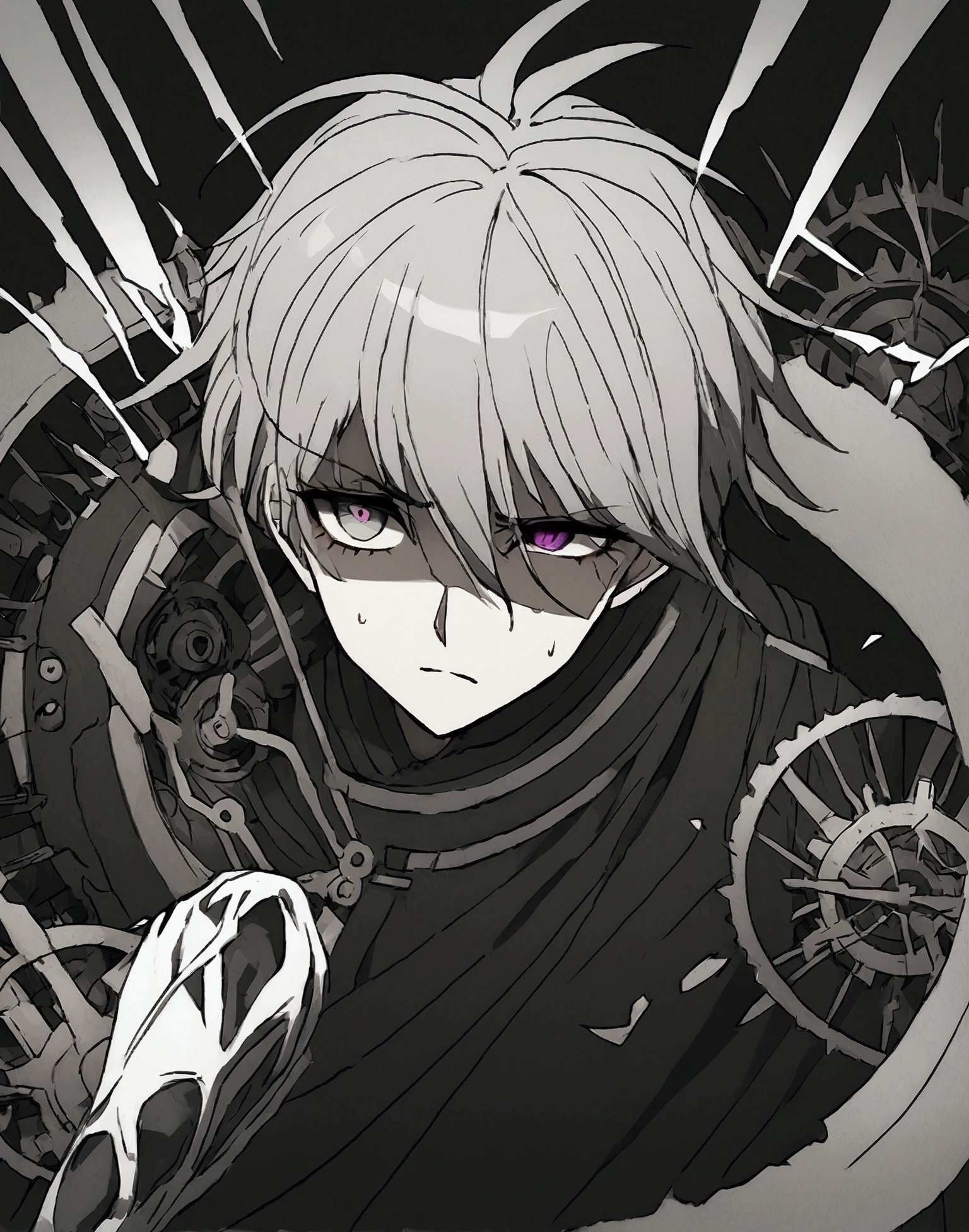 Anime male, black blank eye iris, black grey hair, black clothing, serious expression, tired eyes, best quality, godlike glitchcore eye, male eyes, same eye color, black jacket, white winter cloak, beautiful, glitchy aura, same eye shape, perfect eye positioning, chronomatic, white and black, glitchcore art, white gear works, white gears, clockwork, white and black time aura