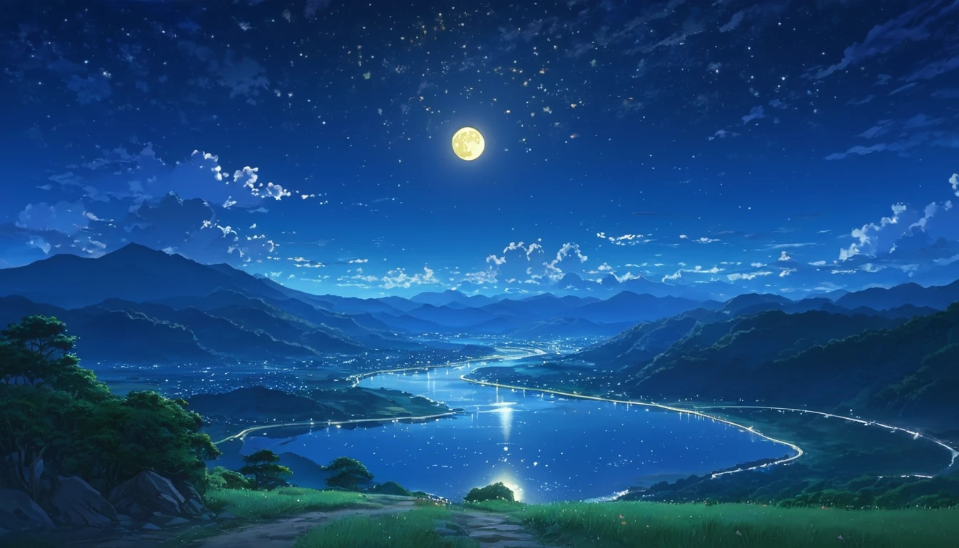 River Painting, Stars and Moon in the Sky, Bright colors, by makoto shinkai. Concept art inspired by Tosa Mitsuoki, pixiv Contest Winner, Highest quality, Fantasy art, Beautiful anime scene, Golden Moon, No humans, Starry Sky, scenery, cloud, Shine, the scenery of night landscapes, Mountain, Rivers. Bright Moon, Starry Sky environment under the moonlight, Dream Painting, Anime Background art, Fantasy Landscape Painting, A dreamlike night, Anime Background, Background artwork, Dreamy Art, Atmospheric anime, Starry Sky, Detail enhancement.High resolution,reality,Emotional,8k,high resolution,Clearly,Clear Images,Clear and vivid scenery