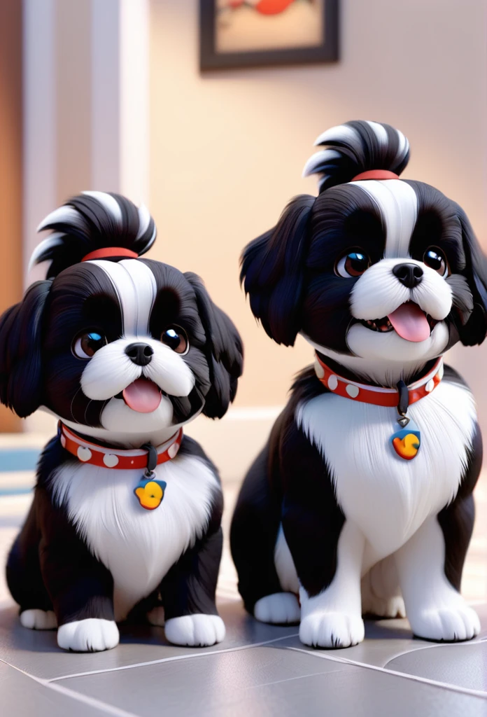 2 adorable small black Shih Tzu puppies wearing white collars playing 3D Pixar style