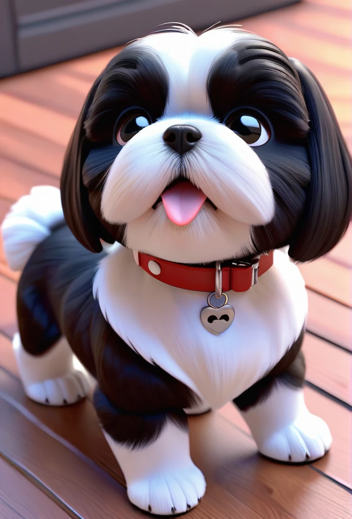 2 adorable small black Shih Tzu puppies wearing white collars playing 3D Pixar style