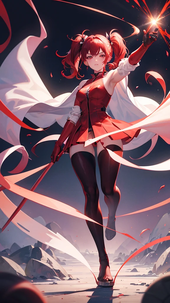 18 years old, red hair, pig tails hair, red eyes, in a full body robe with leggings, masterpiece, high quality, glowing energy ball in right hand, shoulders exposed, gloves, ready to fight pose, 4k, magician, glow effect, red energy intertwined in an atmospheric beauty, crazy glow effect, cinematic atmosphere 