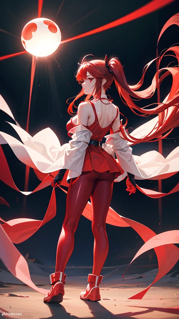 18 years old, red hair, pig tails hair, red eyes, in a full body robe with leggings, masterpiece, high quality, glowing energy ball in right hand, shoulders exposed, gloves, ready to fight pose, 4k, magician, glow effect, red energy intertwined in an atmospheric beauty, crazy glow effect, cinematic atmosphere 