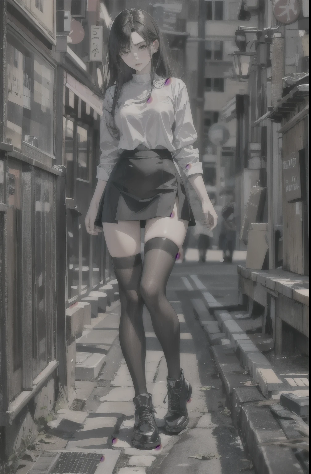 ((masterpiece, best_quality)), 1girl, (photorealistic:1.4),  solo, white_background, black_hair, long_hair,   zettai_ryouiki, oversized shirt, mini skirt, ((full_body)),