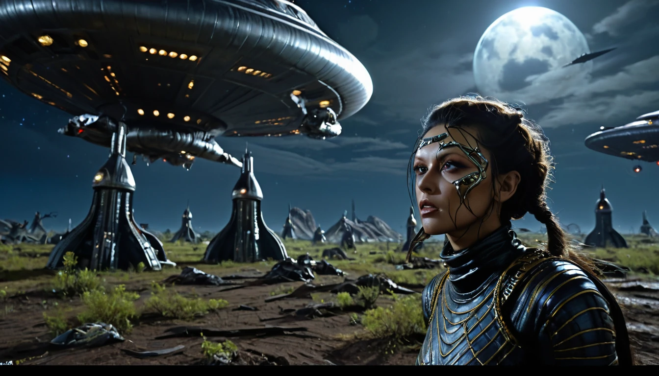 in (medium close-up:3.1) of various characters with a starship in the background from a film for slaves from beyond infinity, futuristic apocalypse, detailed, moody, epic, altered reality, insane, disgusting, disturbing, impactful, inspired by Clyde Caldwell and Ed Emshwiller, stalenhag, (with Creepy, Sci- Fi, Fantasy and Horror: 2.9) retro sci-fi, horror film, detailed body, Kodak Vision3, (intricate details: 2.4), ( hyperdetail: 3.1), (8k resolution: 3.1), (high detail: 4.1), lots of details, high quality, soft light (cinematic: 3.3), masterpiece, dramatic atmosphere, atmospheric perspective, (impactful art: 2.8), rich colors, 3D rendering