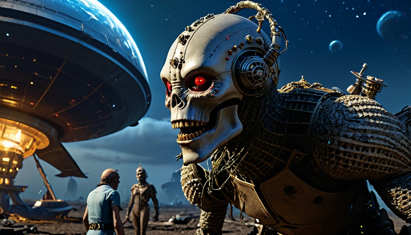 in (medium close-up:3.1) of various characters with a starship in the background from a film for slaves from beyond infinity, futuristic apocalypse, detailed, moody, epic, altered reality, insane, disgusting, disturbing, impactful, inspired by Clyde Caldwell and Ed Emshwiller, stalenhag, (with Creepy, Sci- Fi, Fantasy and Horror: 2.9) retro sci-fi, horror film, detailed body, Kodak Vision3, (intricate details: 2.4), ( hyperdetail: 3.1), (8k resolution: 3.1), (high detail: 4.1), lots of details, high quality, soft light (cinematic: 3.3), masterpiece, dramatic atmosphere, atmospheric perspective, (impactful art: 2.8), rich colors, 3D rendering
