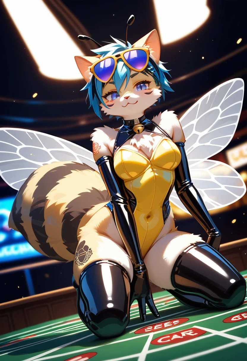 Highest quality, Highest quality, High quality illustrations, masterpiece, Ultra-high resolution, Detailed Background, casino, Absurd, Perfect Anatomy, performance, Good lighting, Shadows in the movies(kemono, Furry PersonifiCation), Cat, latex, neon, neonカラー, cyber punk, Bee costume, Bee Cosplay, Rubber bee tail, Bee Wings, enamel, sunglasses, Tattoo, Dynamic Angle