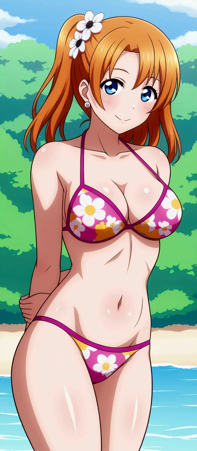 (Masterpiece, Best Quality, High Quality), professional artwork, well drawn, Intricate Details,solo,in beach ,
Kousaka honoka, afternoon
, ultra detail hair, ultra detail face, perfect eyes,  earring,  Looking at Viewer, pink bikini , floral printed, naked, thighs gap, orange hair , standing , sexy , arms behind back , blue eyes 