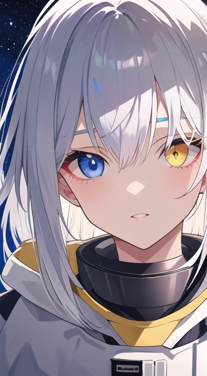 (Disheveled silver hair:1.1) (Heterochromia yellow eyes and blue eyes:1.2) (Space Helmet:1.0) (Colored stars in my eyes:1.0) (Shining Light:1.1) (Big Lips:0.9)