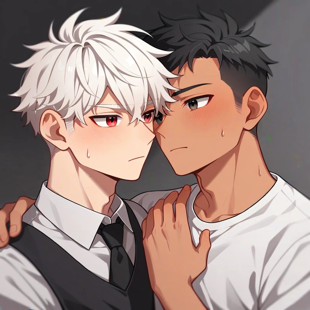 2 young men, focus man , Yaoi, pair, (human , short hair, black hair, light black eyes , tan skin), (human, white hair , red eyes ,bright white skin ) , The best aesthetics , best quality, Amazing quality, The best aesthetics ,The backdrop is the living room.,