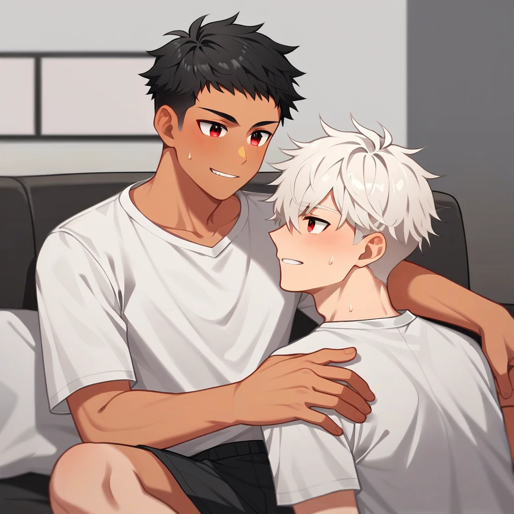 2 young men, focus man , Yaoi, pair, (human , short hair, black hair, light black eyes , tan skin), (human, white hair , red eyes ,bright white skin ) , The best aesthetics , best quality, Amazing quality, The best aesthetics ,The backdrop is the living room.,