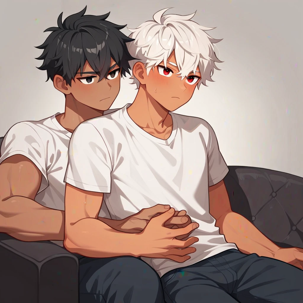 2 young men, focus man , Yaoi, pair, (human , short hair, black hair, light black eyes , tan skin), (human, white hair , red eyes ,bright white skin ) , The best aesthetics , best quality, Amazing quality, The best aesthetics ,The backdrop is the living room.,
