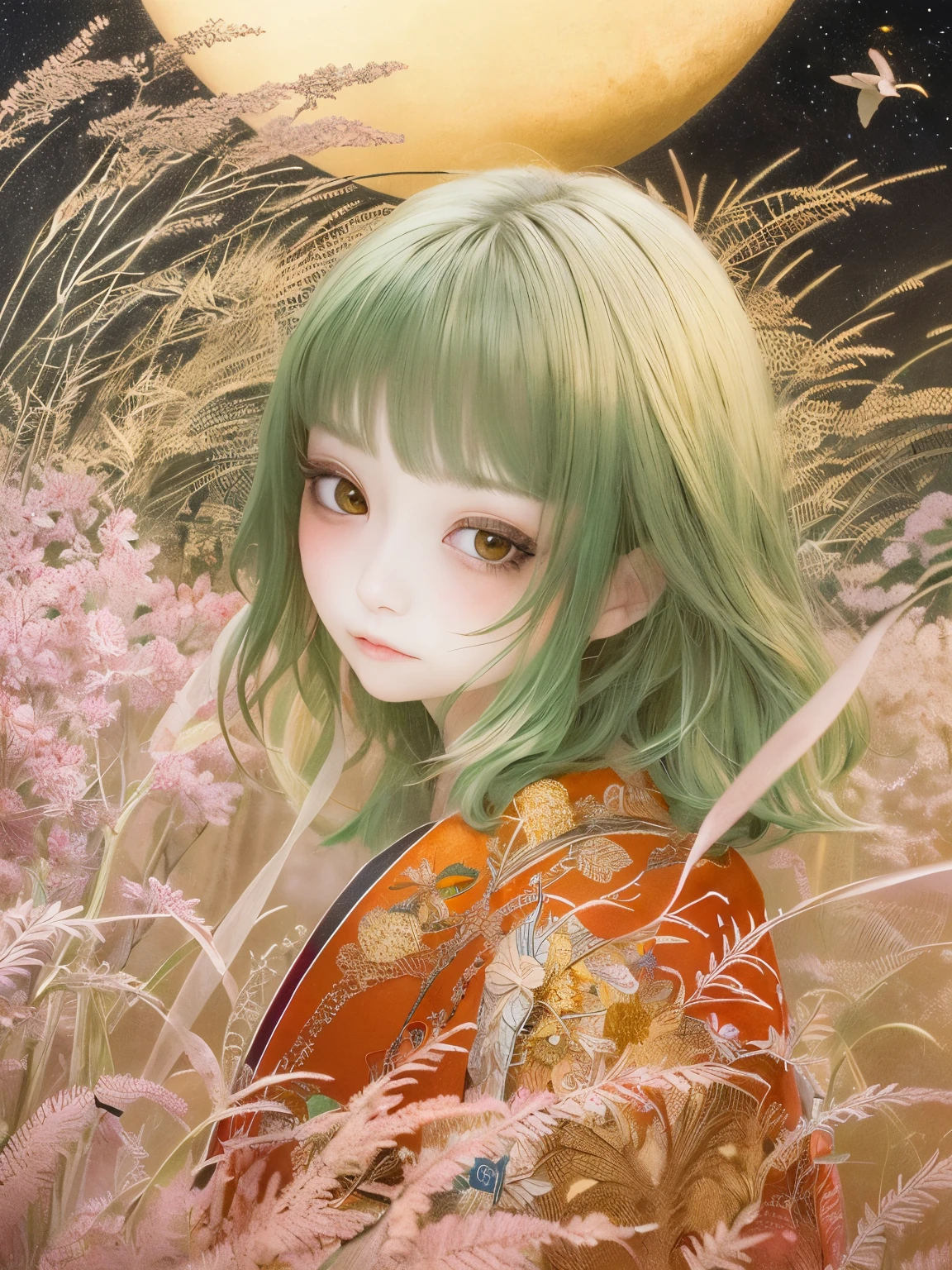 ((((masterpiece))),Japanese Beauty、Highest quality, An illustration, Beautiful details shine,
paper_cut, The details of a fragile girl's face captured on camera, Japanese silver grass、wood, moon, Wind,star、Red Mist
