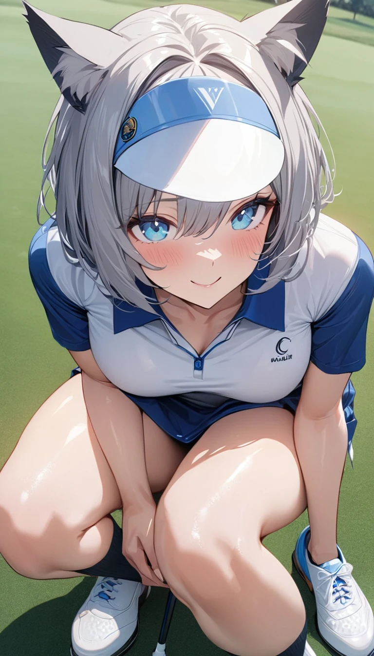 1girl、(((best quality)), ((masterpiece)), (details), masterpiece, best quality, high quality, ulutra detailed, perfect face, ((1girl, Blue eyes, cat ears: 1.3 silver bob hair: 2.5,))、Shiny Hair、Glowing Skin、Happy face、Lustful look、Body lines、blue sky、Golf course、Caddy Back、Holding a golf club、Sun visor、Golf Wear、Golf Wearスカート、socks、Golf shoes