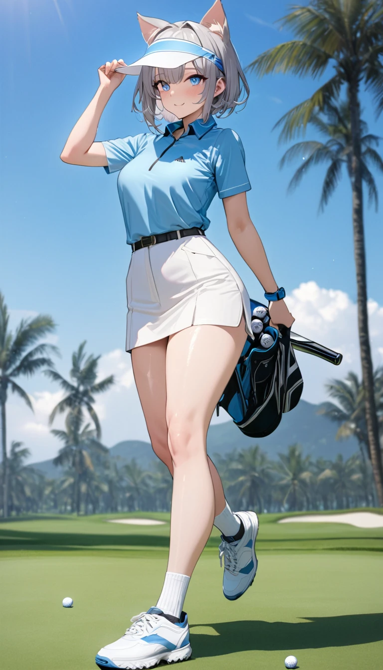 1girl、(((best quality)), ((masterpiece)), (details), masterpiece, best quality, high quality, ulutra detailed, perfect face, ((1girl, Blue eyes, cat ears: 1.3 silver bob hair: 2.5,))、Shiny Hair、Glowing Skin、Happy face、Lustful look、whole body、Body lines、blue sky、Golf course、Holding a golf club、Sun visor、Golf Wear、Golf Wearスカート、socks、Golf shoes