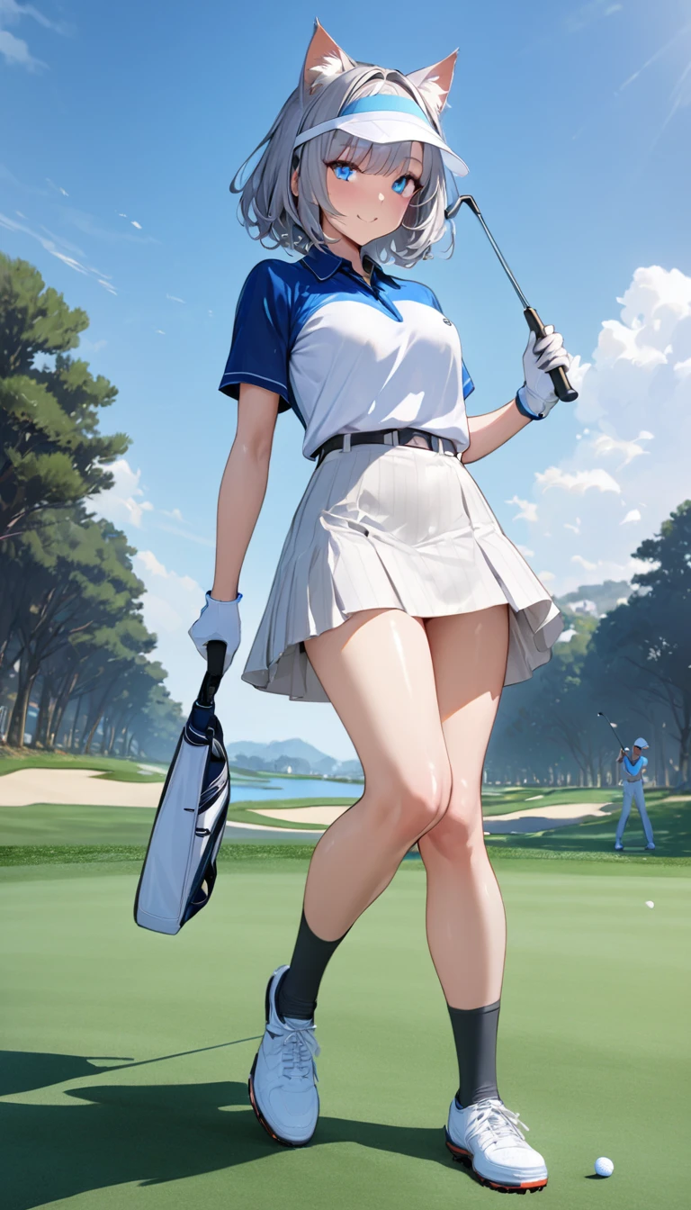 1girl、(((best quality)), ((masterpiece)), (details), masterpiece, best quality, high quality, ulutra detailed, perfect face, ((1girl, Blue eyes, cat ears: 1.3 silver bob hair: 2.5,))、Shiny Hair、Glowing Skin、Happy face、Lustful look、whole body、Body lines、blue sky、Golf course、Holding a golf club、Sun visor、Golf Wear、Golf Wearスカート、socks、Golf shoes