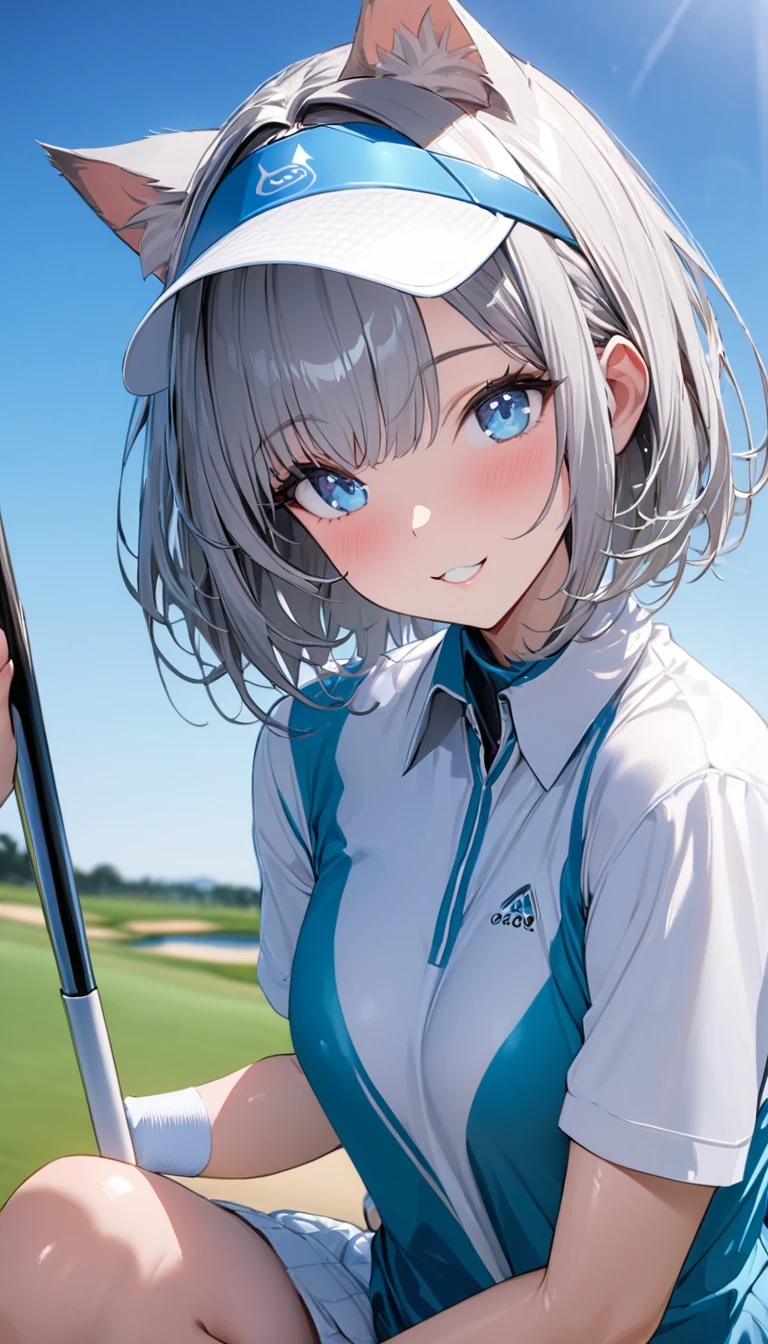 1girl、(((best quality)), ((masterpiece)), (details), masterpiece, best quality, high quality, ulutra detailed, perfect face, ((1girl, Blue eyes, cat ears: 1.3 silver bob hair: 2.5,))、Shiny Hair、Glowing Skin、Happy face、Lustful look、whole body、Body lines、blue sky、Golf course、Holding a golf club、Sun visor、Golf Wear、Golf Wearスカート、socks、Golf shoes