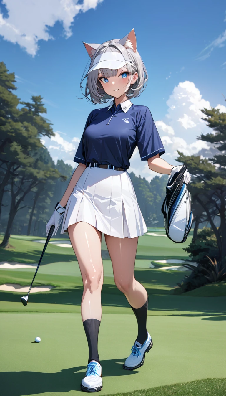 1girl、(((best quality)), ((masterpiece)), (details), masterpiece, best quality, high quality, ulutra detailed, perfect face, ((1girl, Blue eyes, cat ears: 1.3 silver bob hair: 2.5,))、Shiny Hair、Glowing Skin、Happy face、Lustful look、whole body、Body lines、blue sky、Golf course、Holding a golf club、Sun visor、Golf Wear、Golf Wearスカート、socks、Golf shoes