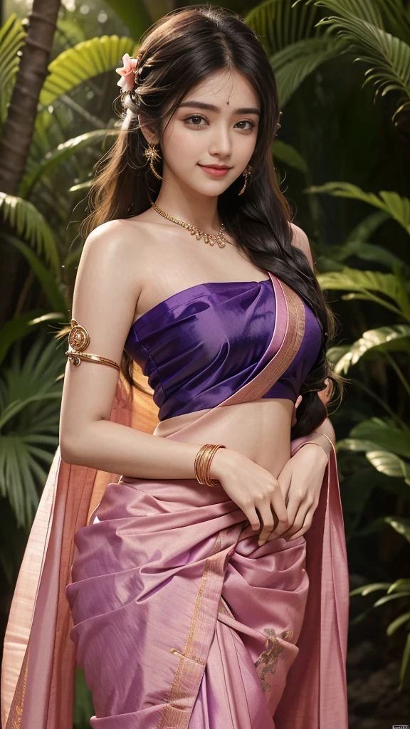 Close up, 24 year old indian woman, Thin Purple silky saree, oily body, long dense braided hair, tropical forest, ultra realistic, realism, cute, charming, day time, tattooed body, medium height, big eyes, Indian traditional style saree, Pink bangles in both hands, Rose flower in hair, hair pin, ambient lighting, perfect anatomy, detailed body and face, 8K, Masterpiece, RAW photo, Best quality, Photorealistic, Extremely detailed CG Unity 8K wallpaper, Noval Showing, Most Beautiful smile, ((smile:1.2)), ((No need thighs expose)),