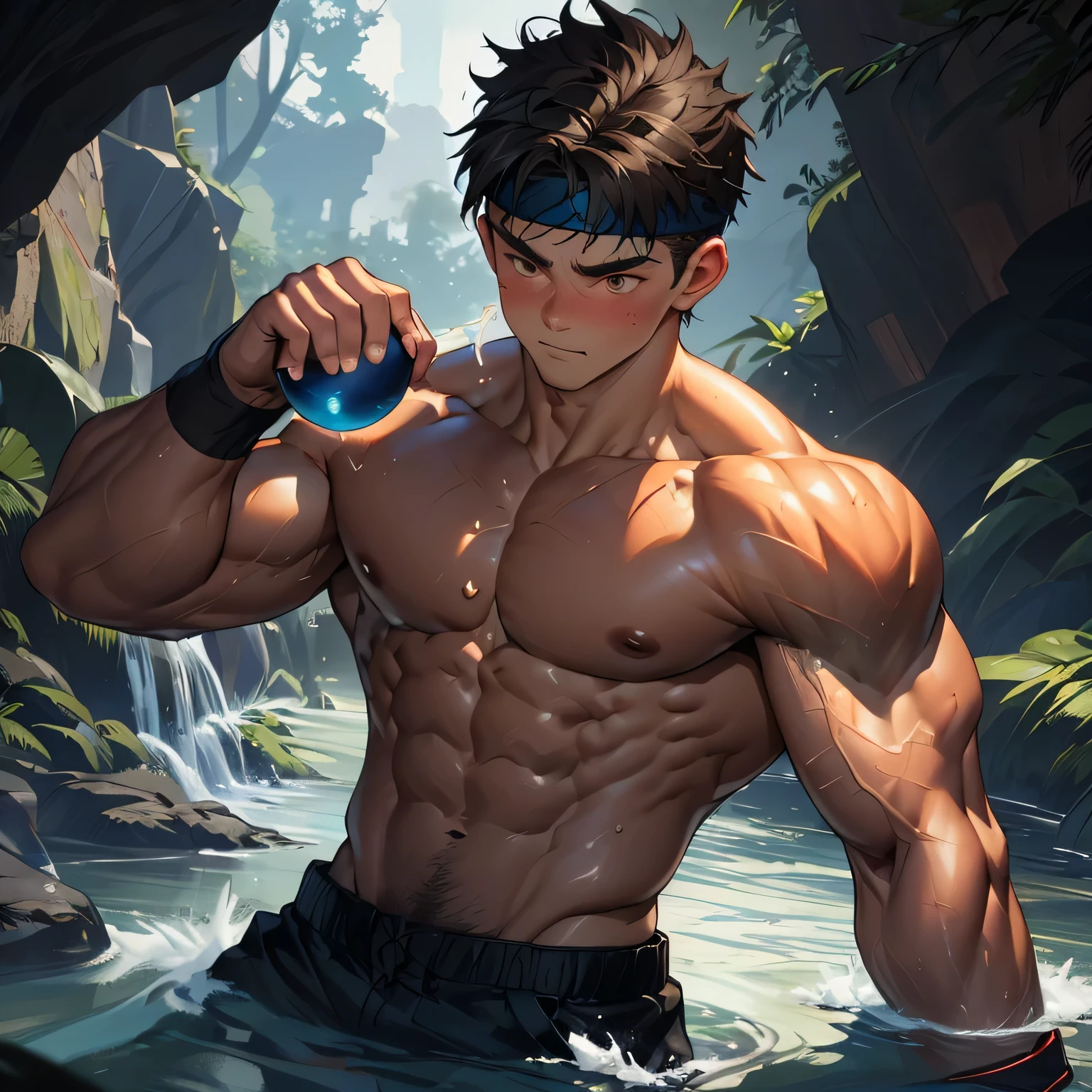 ((masterpiece)), ((best quality)), (ultra-detailed), (((((in the cave, deep night))))), (8k, ultra-detailed, 17 year old boy, worm eyes, black background), Young boy, muscler, Shirtless, ((((solo, fullbodyesbian, flesh boy, tough boy, reliable boy, developed body, kung fu fighter, blue aura effect, water particles, holding water energy ball, uses magic to make a ball of water float as if juggling it, shining with magic)))), (Dark Short straight hair, ((almost completely shaved hair)), under cut, brown eyes), (red headband, ((black wristband)), leather belt), Vivid colors, ((hot Abs, abs!, big abs, big breast, chest!, muscler upper arms)), muscler!, muscler body, detailed face, detailed muscle, (((rippling muscles)))